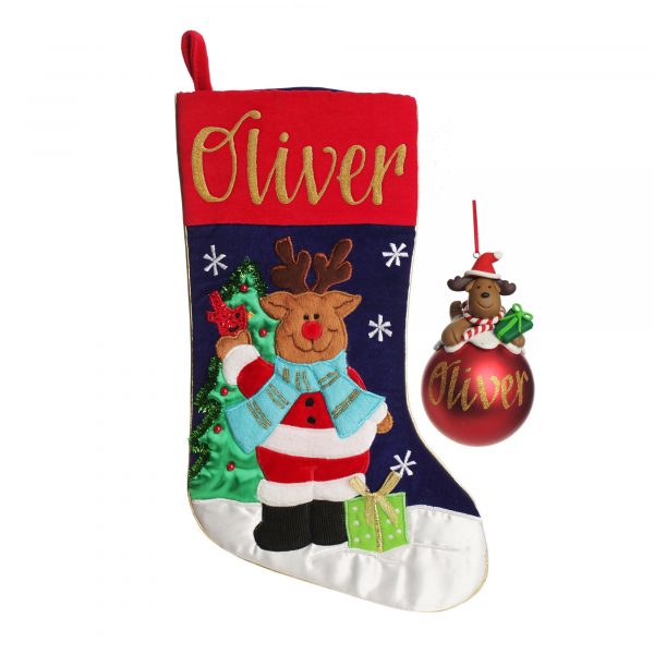 Personalised Reindeer Christmas Stocking and Bauble Pack