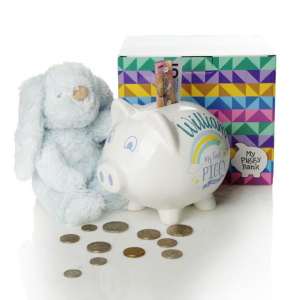 Personalised Blue Rainbow My First Piggy Bank with Coins