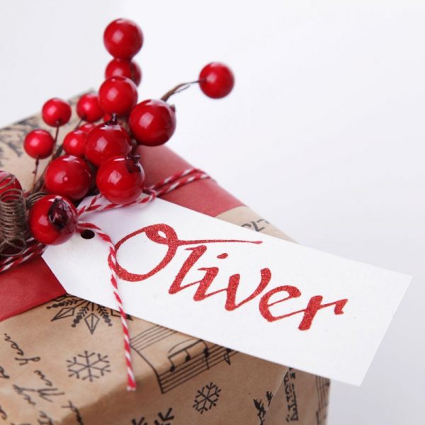 Square Cut Gift Tag Named Oliver with Red Berry Decor