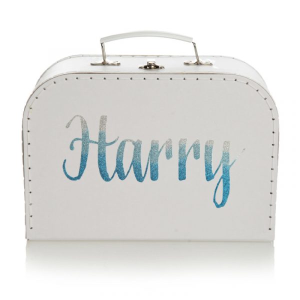 Stitched White Keepsake Box with Inverted Name Harry in Blue