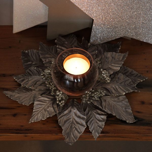 Silver Frost Christmas Silver Velour Poinsettia Candle Wreath