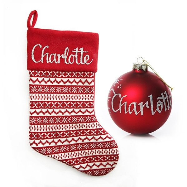 Red Knitted Stocking and Charlotte Named Bauble Pack