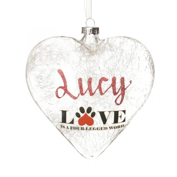 Four Legged Word Saba on Icicle Heart Personalised Bauble
