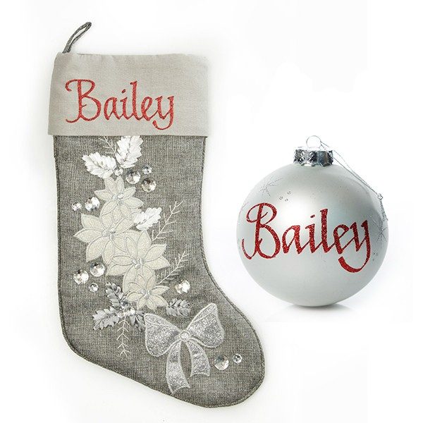 Silver Poinsettia Stocking and Bauble Pack