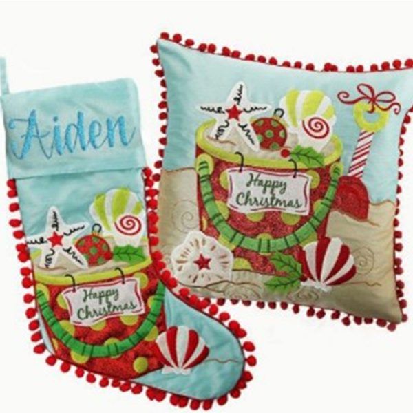 Personalised Pom Pom Beach Christmas Stocking and Pom Pom Beach Cushion Cover