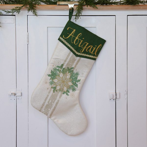Wreath Stocking with personalised Named Abigail Hanging in a Stocking Hanger