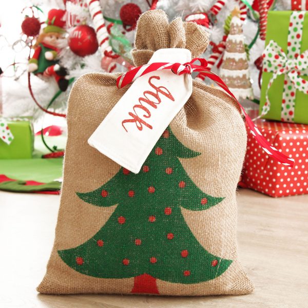 Candy Cane Christmas Personalised Natural Hessian Santa Sack with Tree