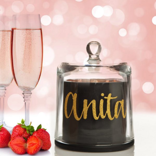 Personalised Black Soy Candle with Glass Cloche Anita Glitter Name