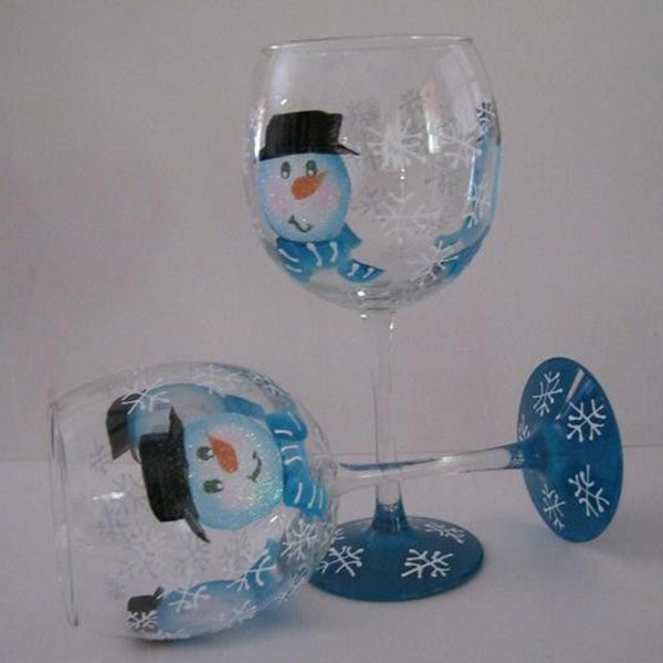 Snowman Wine Glass with Blue Colour and Snowfake Design