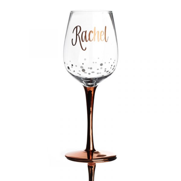 Personalised Rose Gold Stemmed Wine Glass Gold Named Rachel
