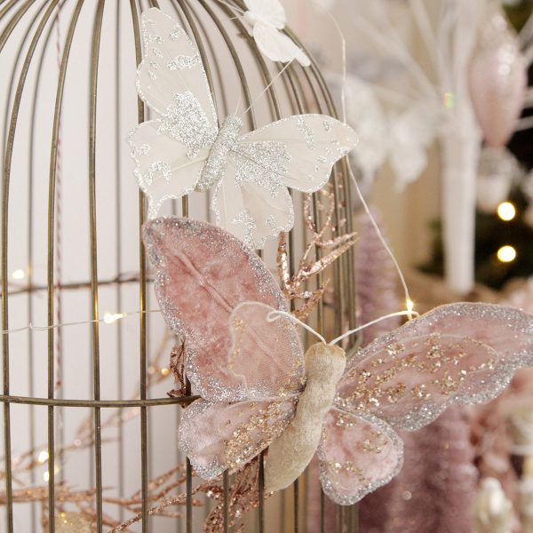 Pink Velour Butterfly Clip and White Butterfly attached to a Golden Cage