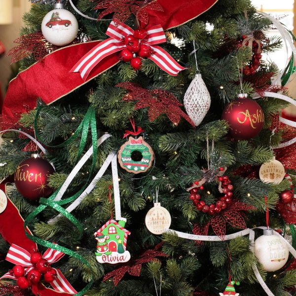 A Christmas Kitchen Tree Decorations with Red Ribbon