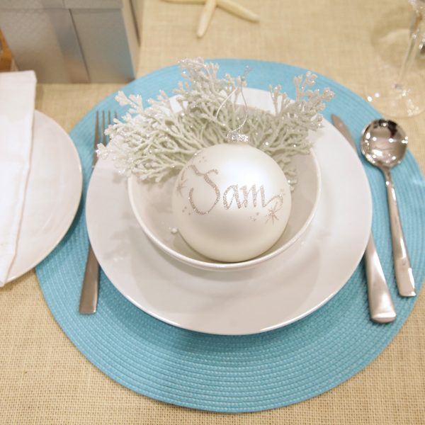 Coasta Christmas Table Place Setting - Silver Glass Personalised Christmas Bauble Named Sam