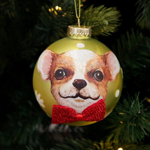 Personalised Chihuahua Dog with Red Bow Tie Lime Christmas Bauble Hanging in a Christmas Tree