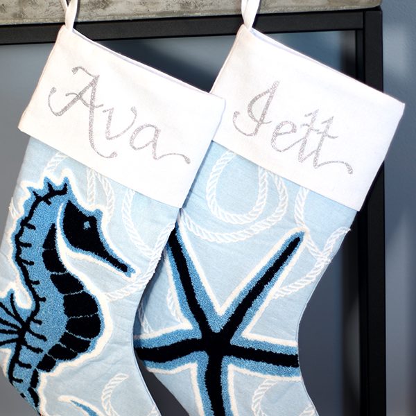 Hamptons - Personalised Christmas Stockings Named Ava and Jett Seahorse and Starfish Design