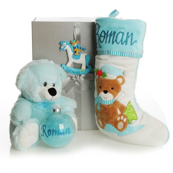 Blue Babys First Christmas Gift Pack with Named Roman