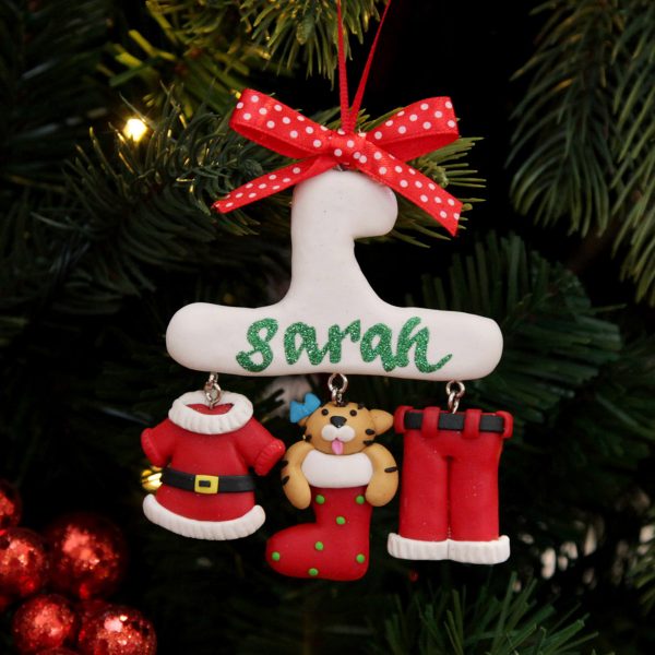 Cat Charm Personalised Christmas Tree Decoration Named Sarah Hanging in a Christmas Tree