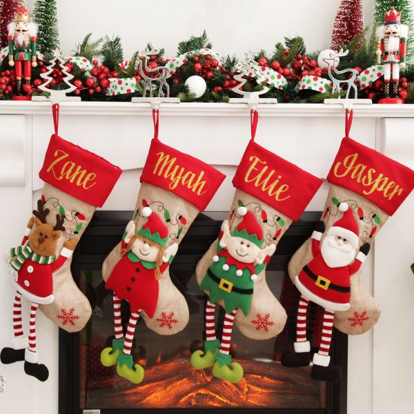 Candy Cane Christmas Personalised Boy and Girl Elf Stockings and Santa and Reindeer Stockings with Dangling Legs