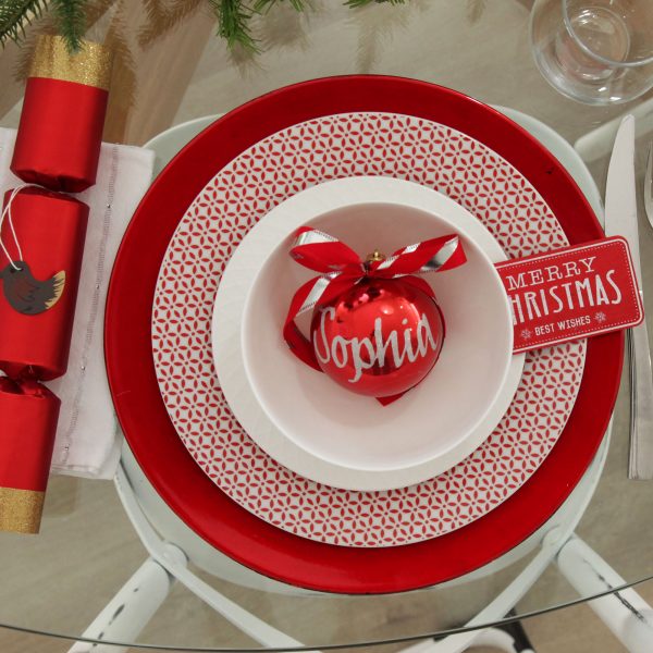 Candy Cane Christmas Dining Set with Personalised Red Shatterproof Christmas Bauble