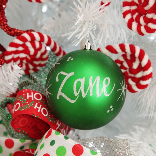 Candy Cane Christmas Personalised Green Shaterproof Christmas Bauble Hanging in a Tree