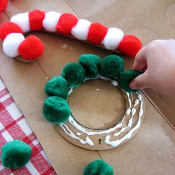 Creating the Pom Poms Candy Cane and Wreath with Glue