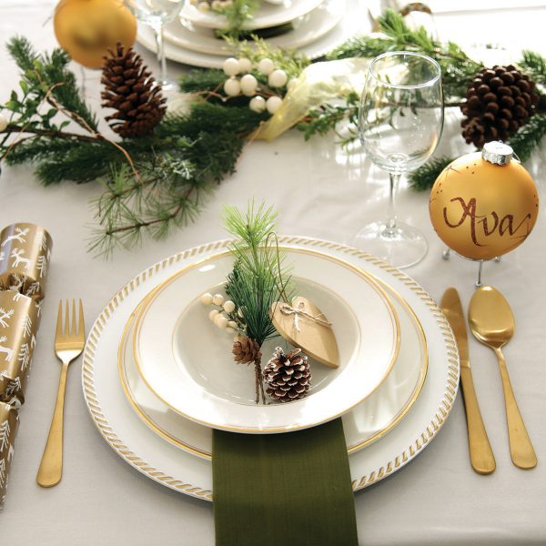 Gold and White Table Place Setting Personalised Golden Bauble Named Ava