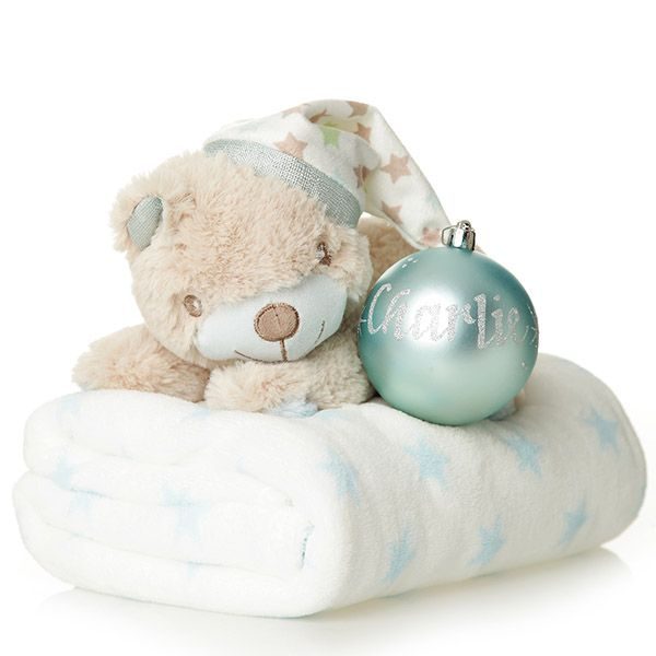 Personalised Blue Bauble with teddy and Blanket Gift