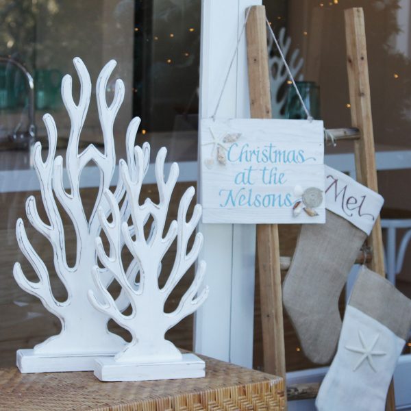 Christmas By the Sea Coral Tree - Christmas at the Nelsons Plaque and Natural Burlap Stockings