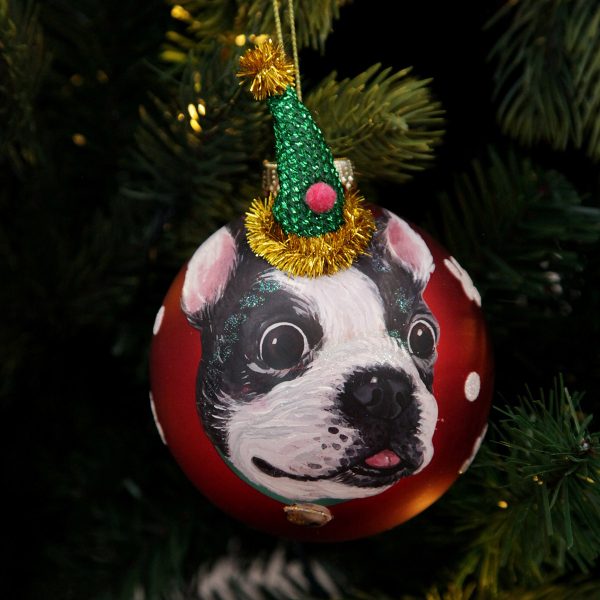 Personalised Dog with Part Hat Red Christmas Bauble Hanging in a Christmas Tree