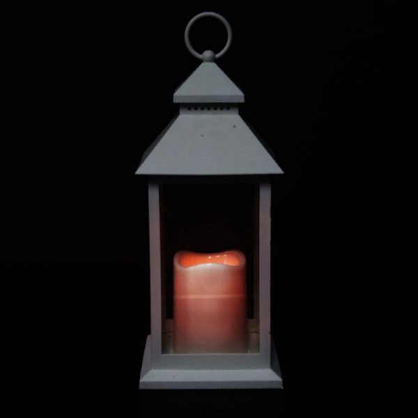 Decorative White Lanter with Flameless Led Candle On with Black Background