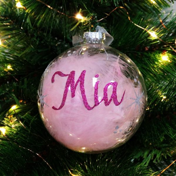 Pink Feather Clear Glass Personalised Christmas Bauble