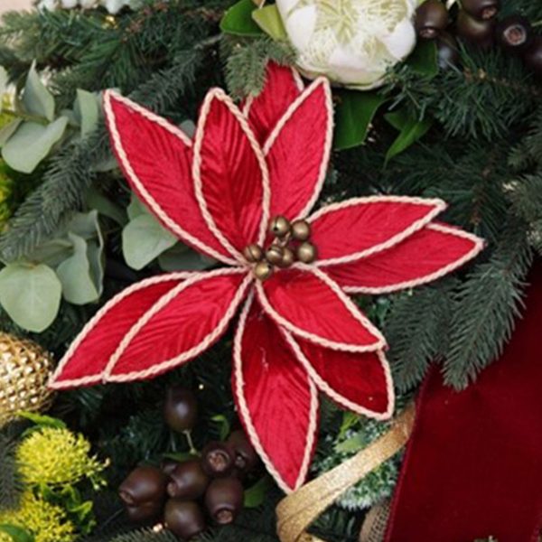 Red Embossed Flower with Rope Trim and Bells Hanging in a Christmas Tree
