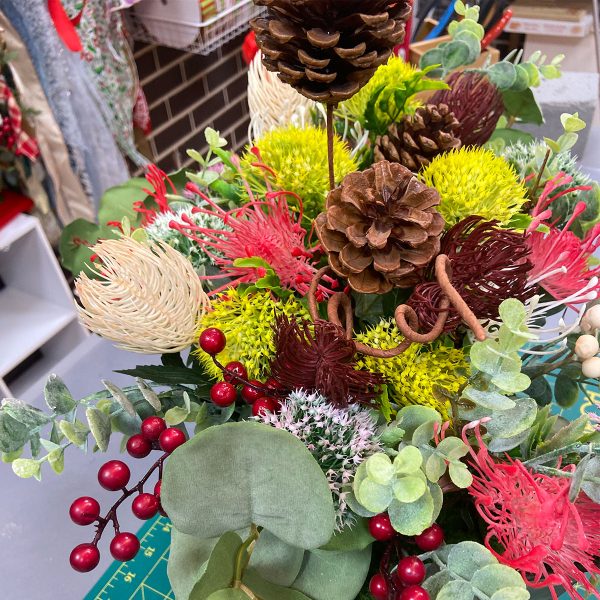 Bush Christmas Pine Cones and Yellow Red Gumnut Flower Sprays Finish Project Add berries to give festive touch