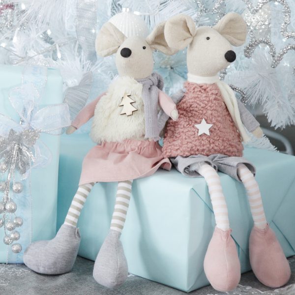 Pretty little Christmas Natural Calico Fabric Girl and Boy Mouse Grey and Pink Sitting in a blue present