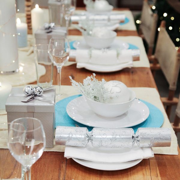 Coastal Christmas Table Setting - Personalised White with Silver Snowflake Bon Bon and Silver Glass Personalised Christmas Bauble