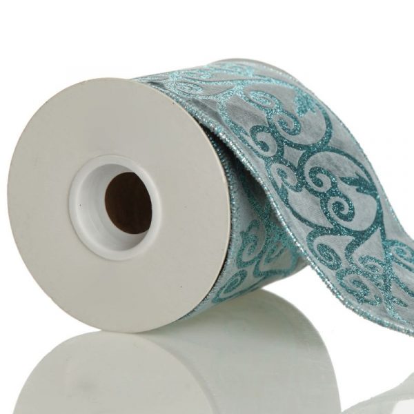 Baby Blue Flocked Swirl Wired Ribbon with white background
