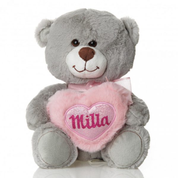 Personalised Plush Grey Teddy with Heart Named Milla