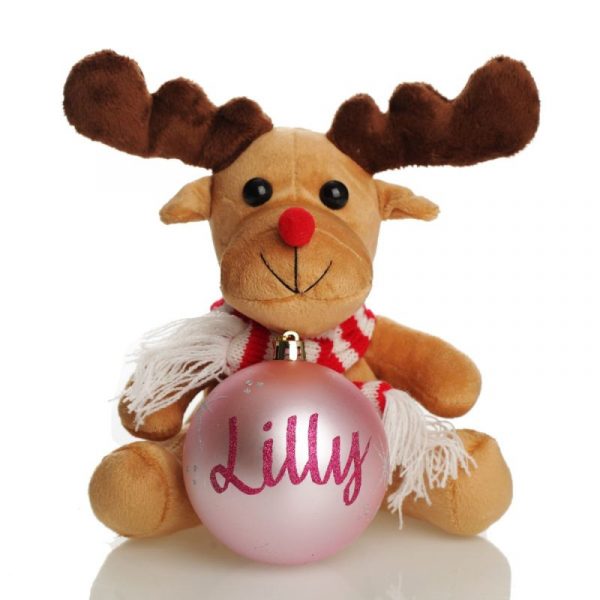 Reindeer Soft Toy Gift Pack with Baby Pink Bauble