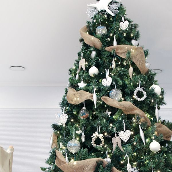 Big Christmas Tree with Natural Burlap Garland Added to it, and Coastal Ornaments Hanging