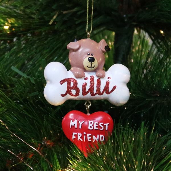 Dog Best friend Ornament Bone Named Billi Hanging in a Christmas Tree