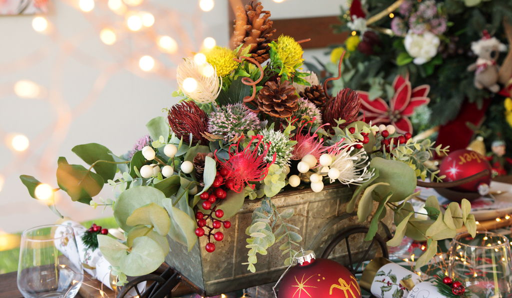 Bush Christmas Pine Cones and Yellow Red Gumnut Flower Sprays and Native Yellow Pink Pincushion Protea Flower Spray Table Decor