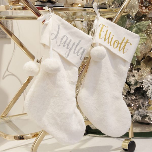 Christmas Joy Personalised White Fur Christmas Stocking with Pom Poms Named Layla & Elliot
