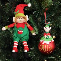 Girl Elf Shelf Sitter and Character Bauble Hanging in a Christmas Tree