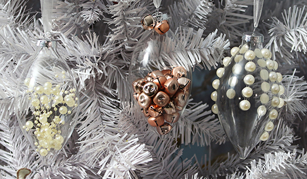 Pastel and Pearls Craft Bauble Hanging in a White Christmas Tree