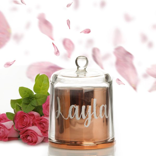 Personalised Rose Gold Soy Candle with Glass Cloche Layla Glitter Name