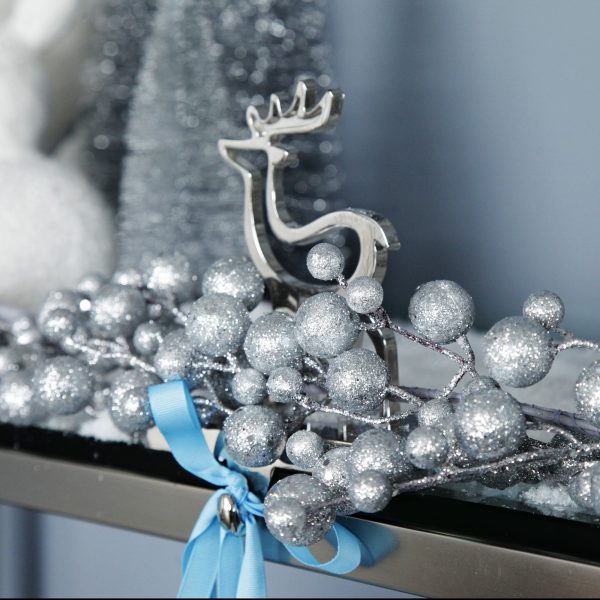 Pretty Little Christmas Hollow Chrome Tree and Reindeer Stocking Hanger with Silver Glitter Ball and Leaf Spray