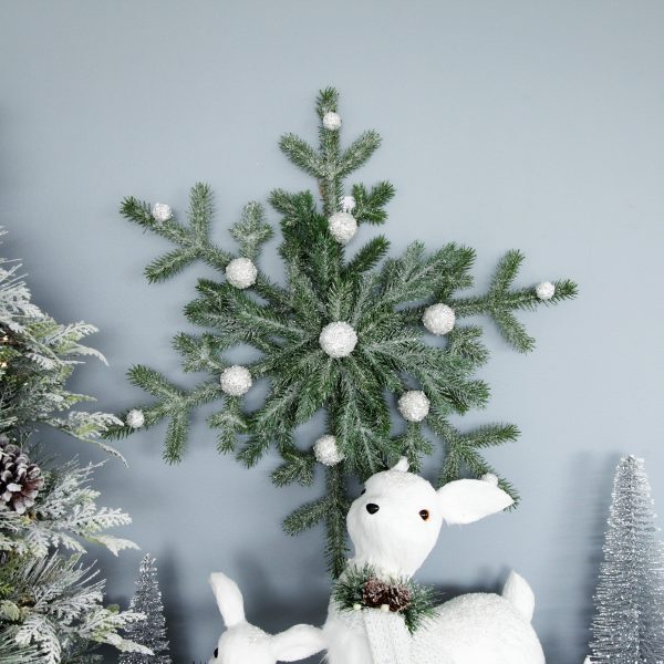 Pretty Little Christmas Large Christmas Pine Snowflake with Small White Sisal Standing Deer with Silver Glitter Antlers