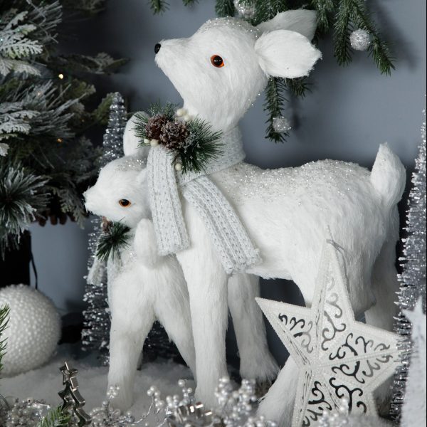 Pretty Little Christmas Medium and Small White Sisal Standing Deer with White Glitter Highlights Angle