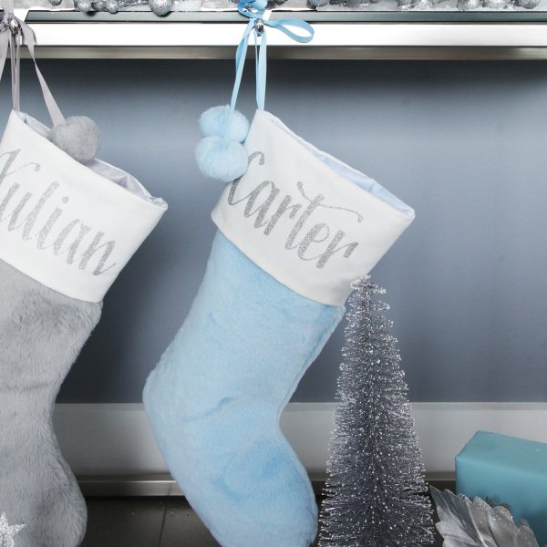 Pretty Little Christmas Personalised Blue Fur Christmas Stocking with Pom Poms