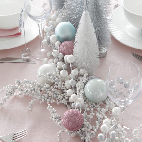 Pretty Little Christmas White Snowy Pearl and Bead Christmas Spray and White Bottle Bush Tree Table Decor